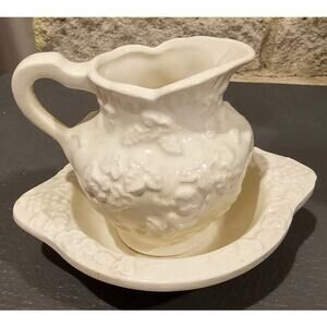 Lefton Japan Ceramic Cherub Cupid White Mini Bowl Pitcher Creamer Set 5” Vintage